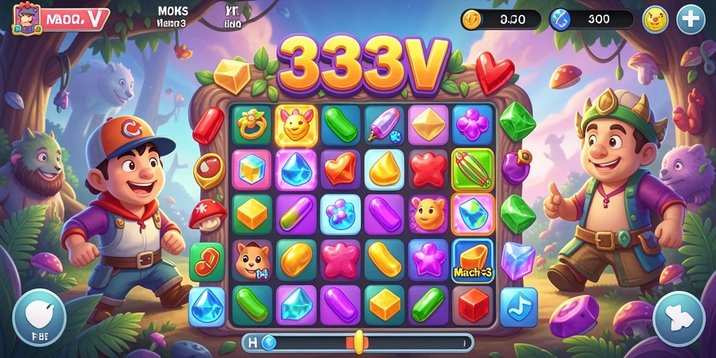 Screenshot gameplay 333V menunjukkan aksi mencocokkan elemen Match-3.