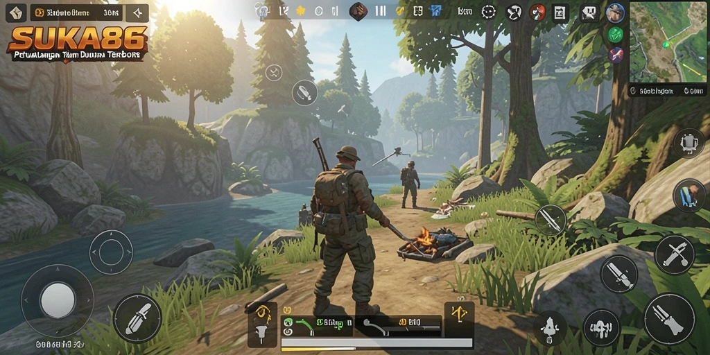 Screenshot gameplay SUKA86 menampilkan eksplorasi dunia terbuka yang luas.